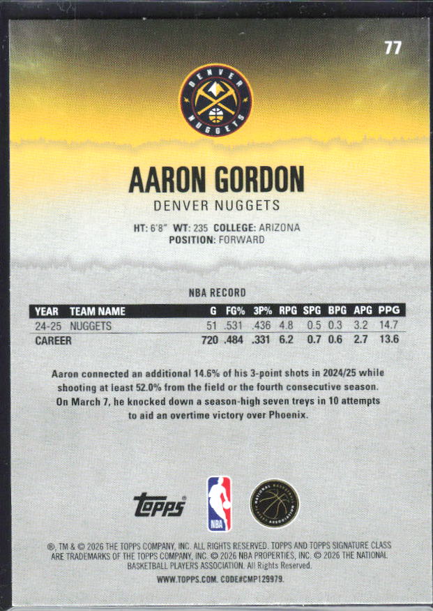 2025-26 Topps Signature Class #77 Aaron Gordon – baksida