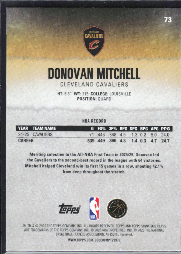 2025-26 Topps Signature Class #73 Donovan Mitchell – baksida