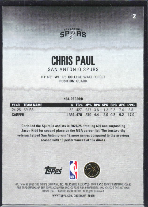2025-26 Topps Signature Class #2 Chris Paul – baksida