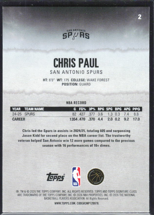 2025-26 Topps Signature Class #2 Chris Paul – baksida