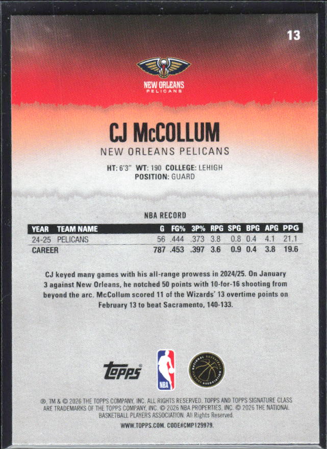2025-26 Topps Signature Class #13 CJ McCollum – baksida