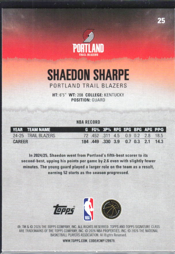 2025-26 Topps Signature Class #25 Shaedon Sharpe – baksida