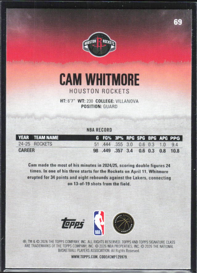 2025-26 Topps Signature Class #69 Cam Whitmore – baksida