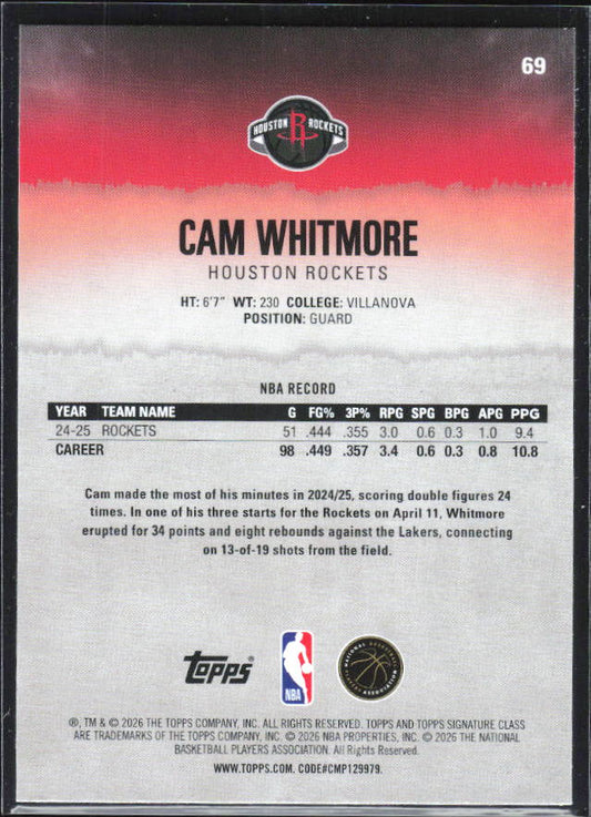 2025-26 Topps Signature Class #69 Cam Whitmore – baksida