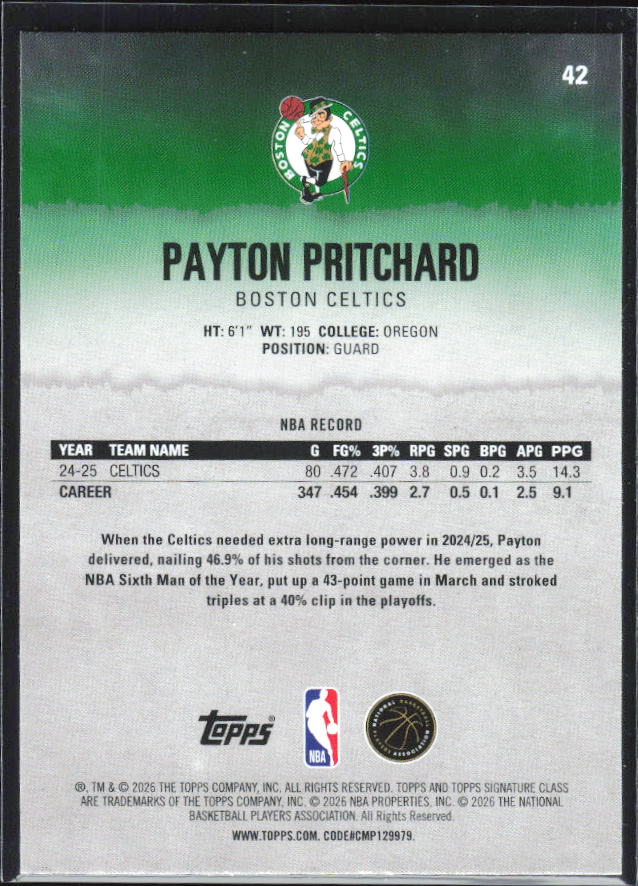 2025-26 Topps Signature Class #42 Payton Pritchard – baksida