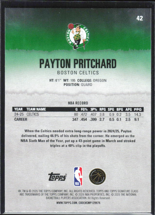 2025-26 Topps Signature Class #42 Payton Pritchard – baksida