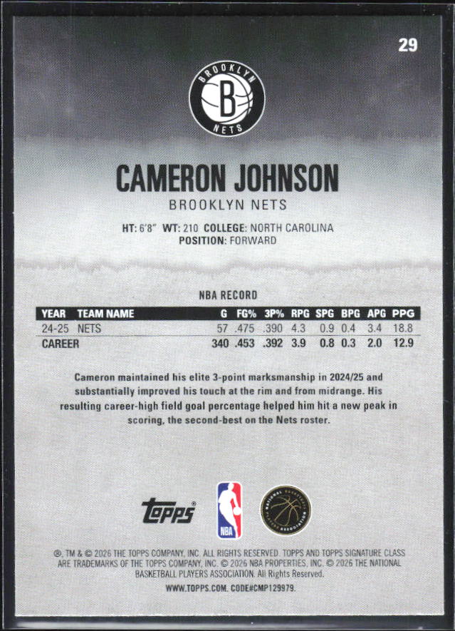 2025-26 Topps Signature Class #29 Cameron Johnson – baksida