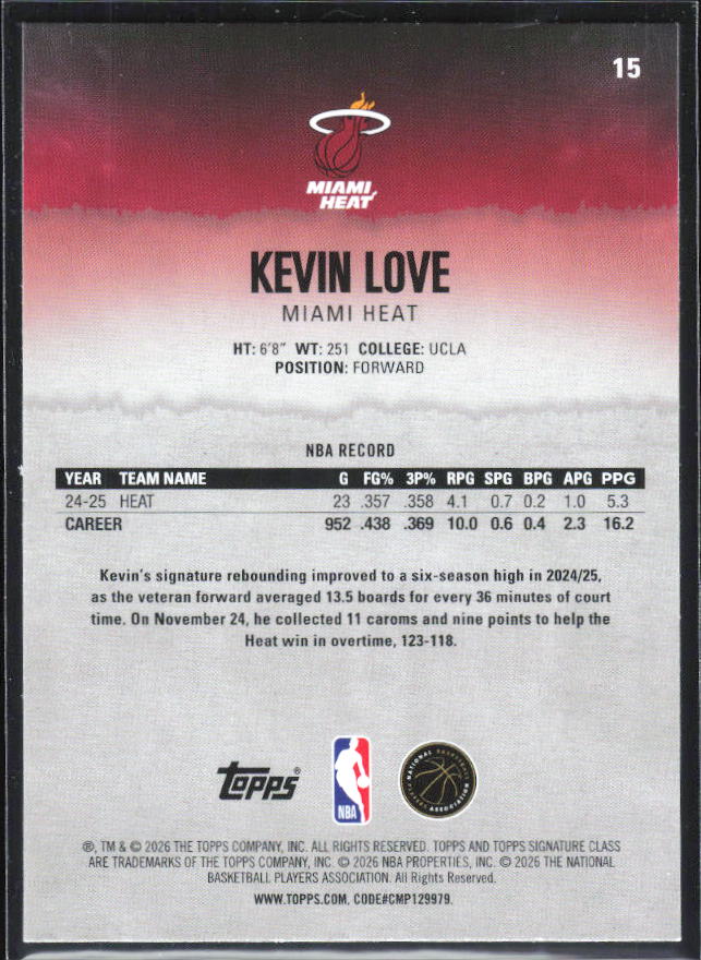2025-26 Topps Signature Class #15 Kevin Love – baksida