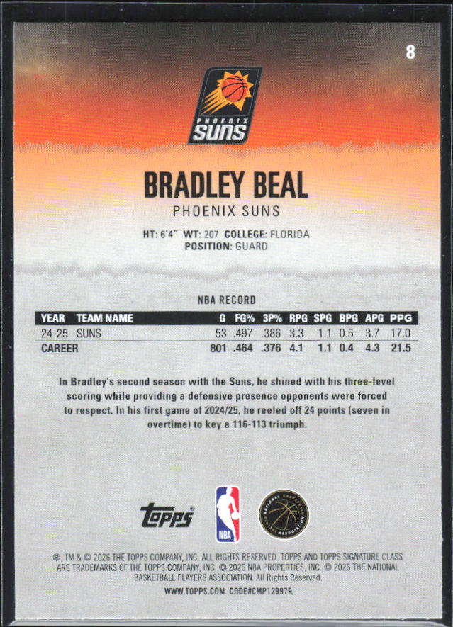 2025-26 Topps Signature Class #8 Bradley Beal – baksida
