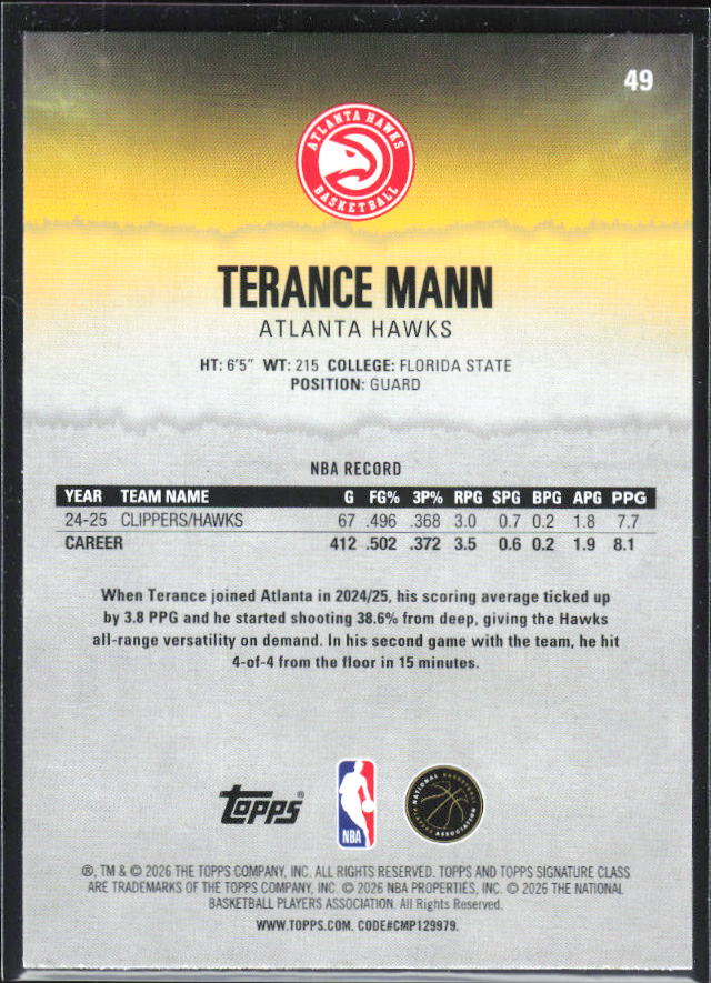 2025-26 Topps Signature Class #49 Terance Mann – baksida