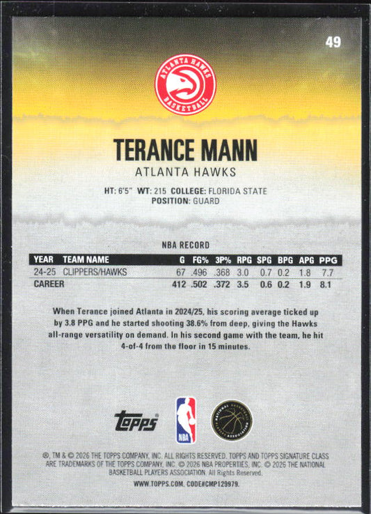 2025-26 Topps Signature Class #49 Terance Mann – baksida