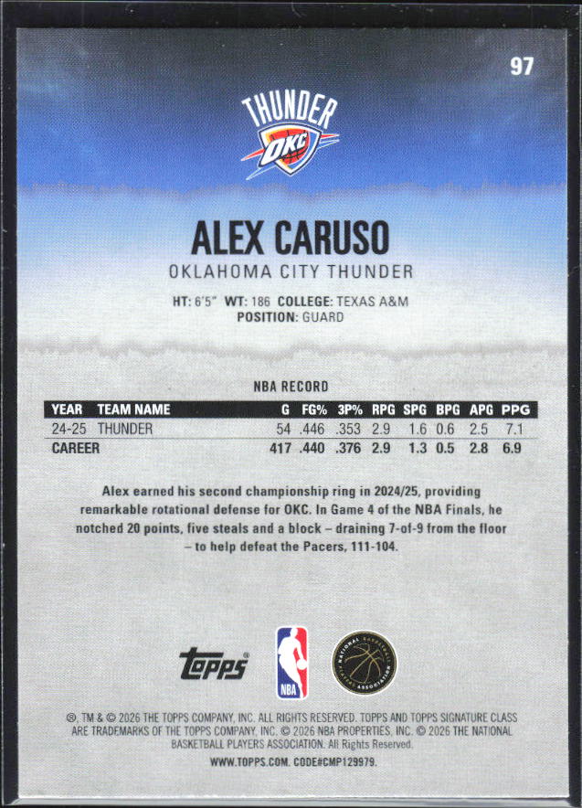 2025-26 Topps Signature Class #97 Alex Caruso – baksida