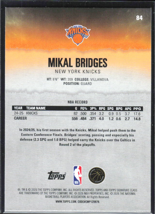 2025-26 Topps Signature Class #84 Mikal Bridges – baksida