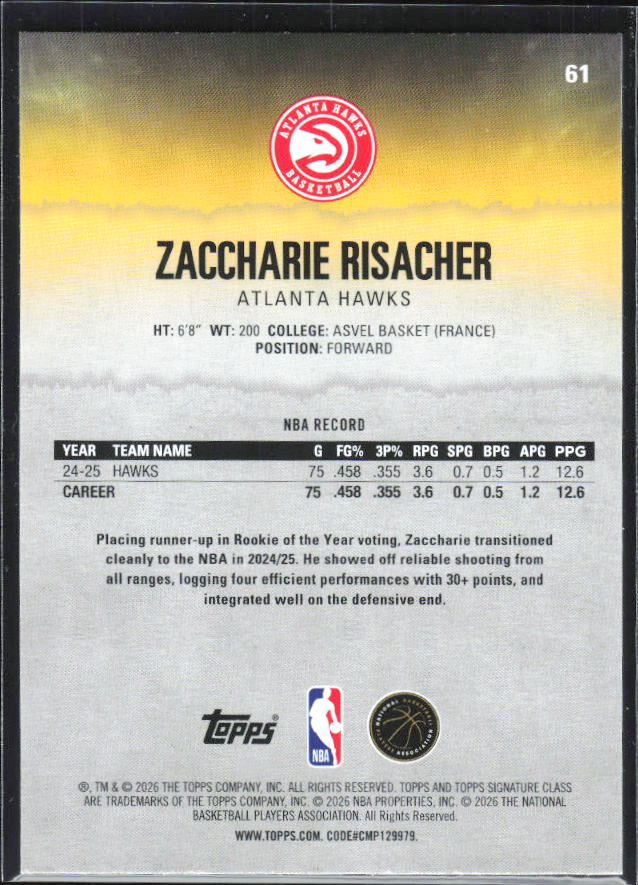 2025-26 Topps Signature Class #61 Zaccharie Risacher – baksida