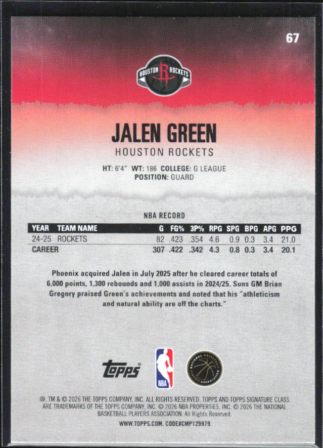 2025-26 Topps Signature Class #67 Jalen Green – baksida