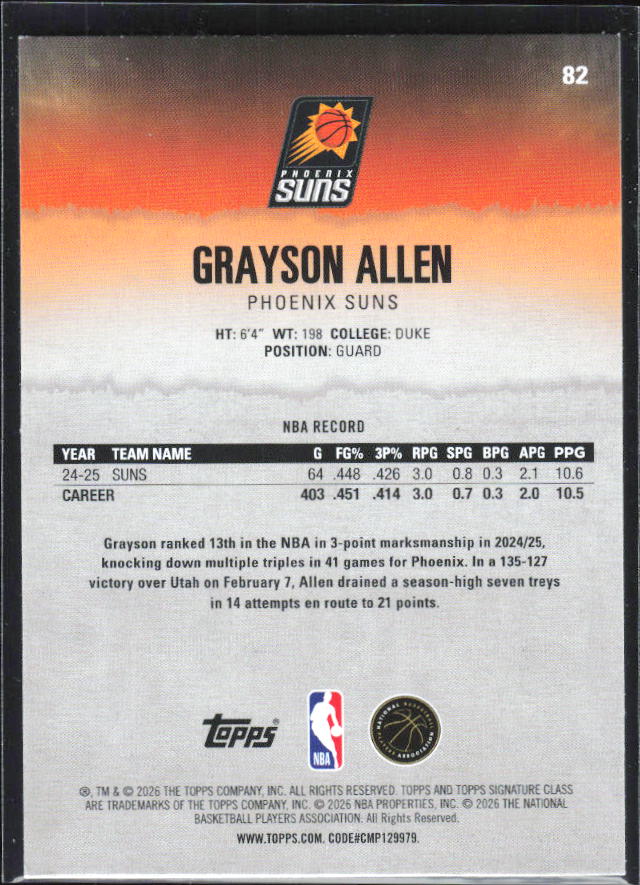 2025-26 Topps Signature Class #82 Grayson Allen – baksida