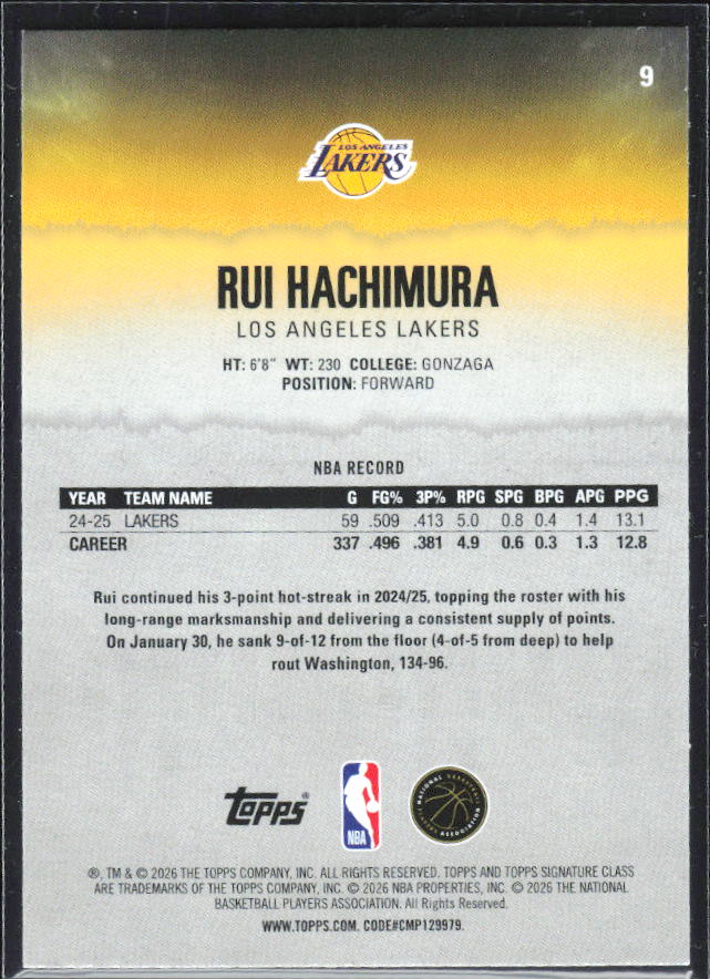 2025-26 Topps Signature Class #9 Rui Hachimura – baksida