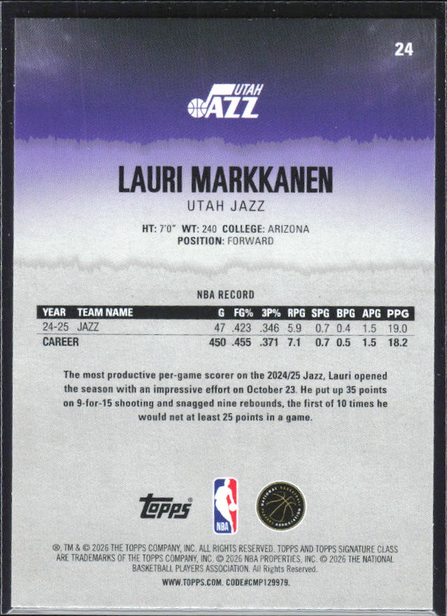 2025-26 Topps Signature Class #24 Lauri Markkanen – baksida