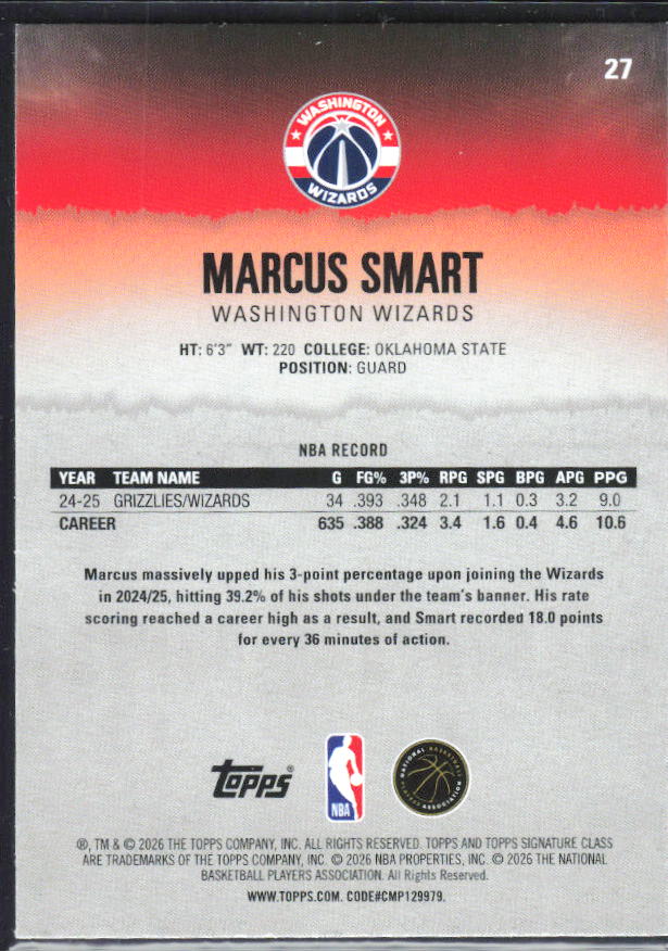 2025-26 Topps Signature Class #27 Marcus Smart – baksida