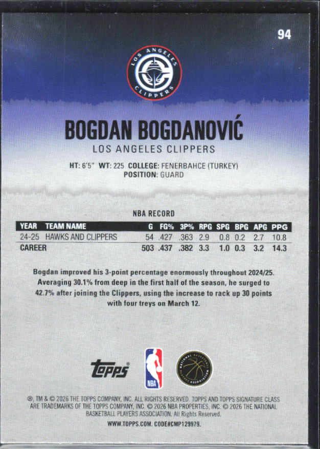 2025-26 Topps Signature Class #94 Bogdan Bogdanovic – baksida
