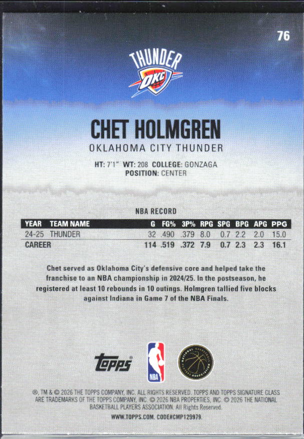 2025-26 Topps Signature Class #76 Chet Holmgren – baksida