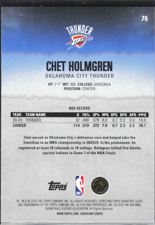 2025-26 Topps Signature Class #76 Chet Holmgren – baksida
