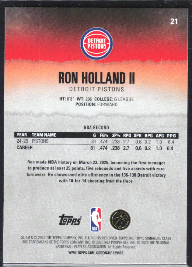 2025-26 Topps Signature Class #21 Ron Holland II – baksida