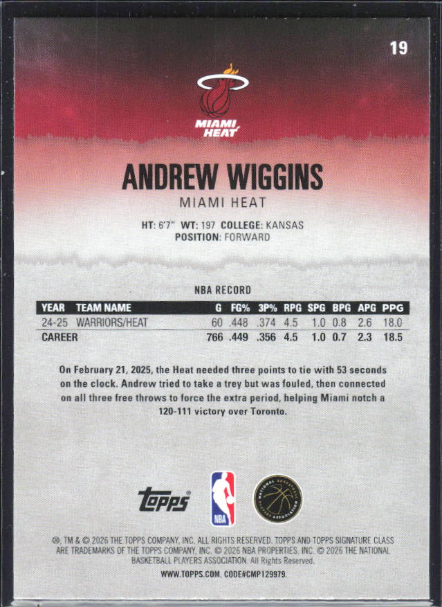 2025-26 Topps Signature Class #19 Andrew Wiggins – baksida