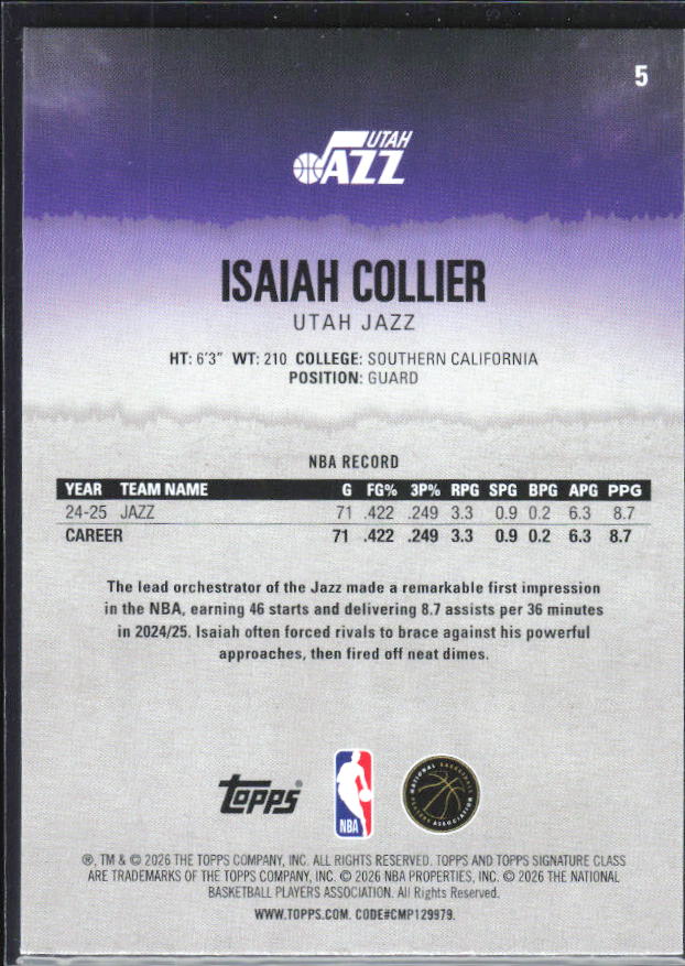 2025-26 Topps Signature Class #5 Isaiah Collier – baksida
