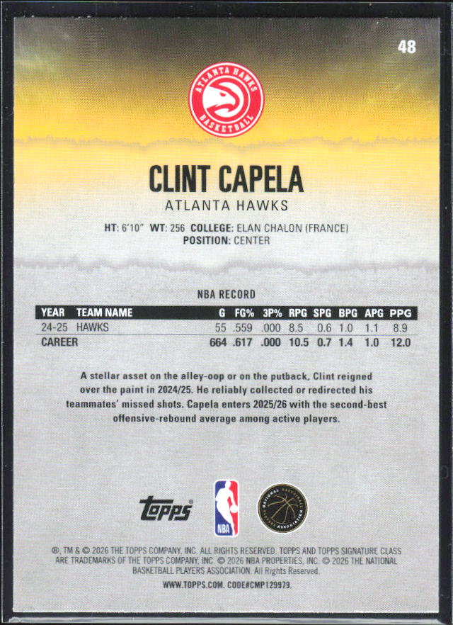 2025-26 Topps Signature Class #48 Clint Capela – baksida