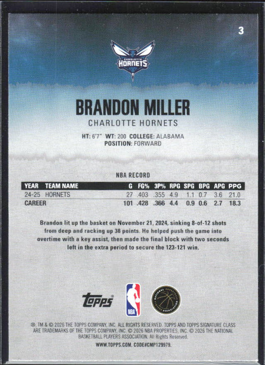 2025-26 Topps Signature Class #3 Brandon Miller – baksida