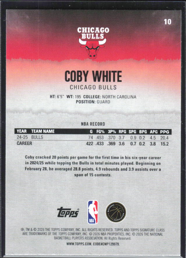 2025-26 Topps Signature Class #10 Coby White – baksida
