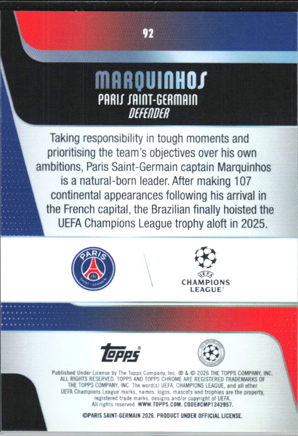 2025-26 Topps Chrome UEFA Club Competitions #92 Marquinhos – baksida
