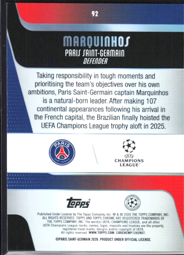 2025-26 Topps Chrome UEFA Club Competitions #92 Marquinhos – baksida