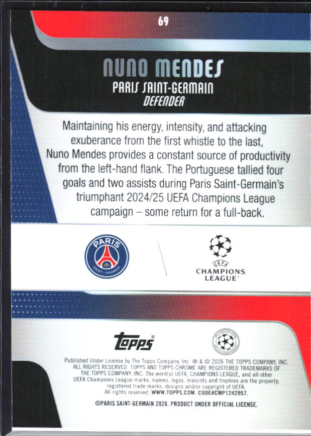 2025-26 Topps Chrome UEFA Club Competitions #69 Nuno Mendes – baksida