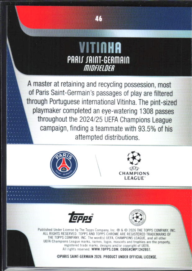 2025-26 Topps Chrome UEFA Club Competitions #46 Vitinha – baksida