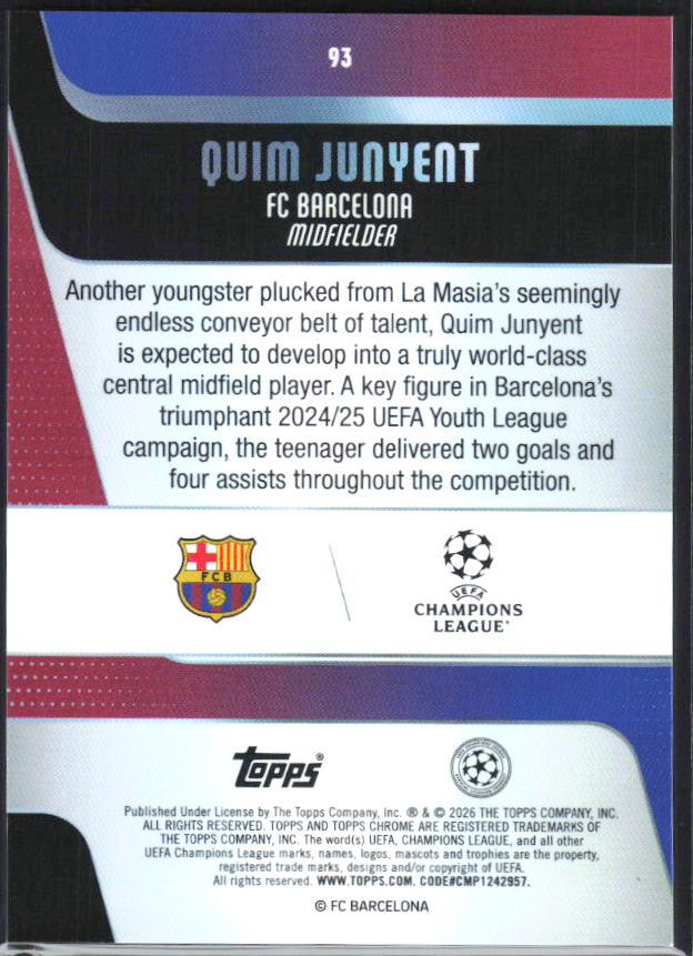 2025-26 Topps Chrome UEFA Club Competitions #93 Quim Junyent – baksida