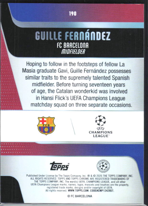 2025-26 Topps Chrome UEFA Club Competitions #190 Guille Fernández – baksida