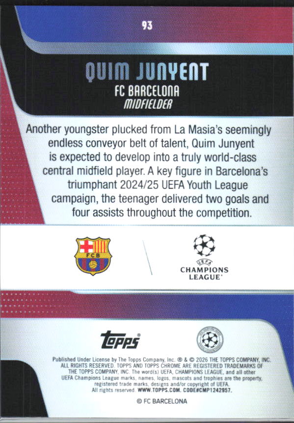 2025-26 Topps Chrome UEFA Club Competitions #93 Quim Junyent – baksida