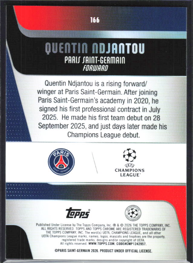 2025-26 Topps Chrome UEFA Club Competitions #166 Quentin Ndjantou – baksida