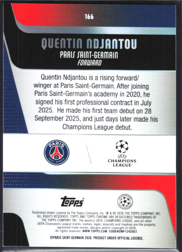 2025-26 Topps Chrome UEFA Club Competitions #166 Quentin Ndjantou – baksida