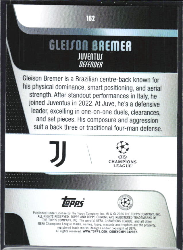 2025-26 Topps Chrome UEFA Club Competitions #152 Gleison Bremer – baksida