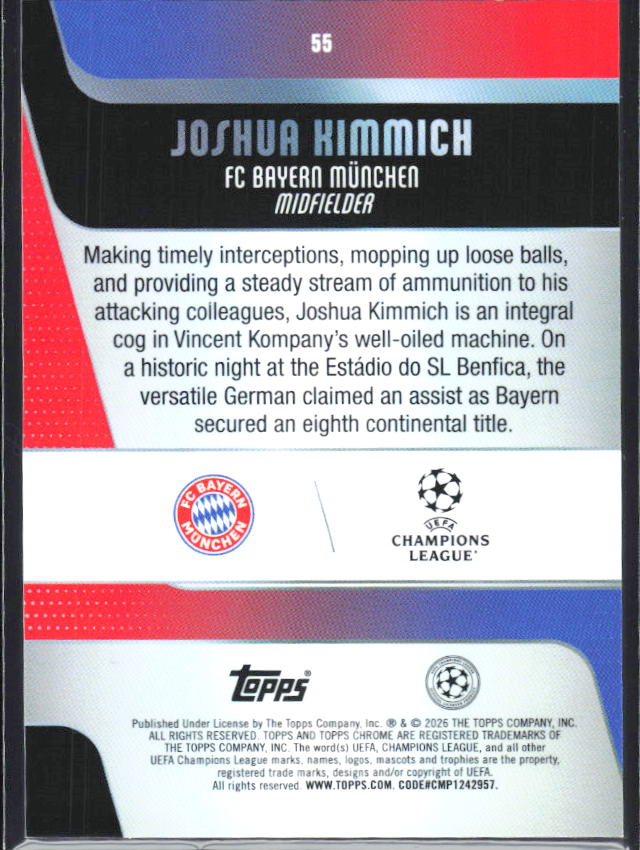 2025-26 Topps Chrome UEFA Club Competitions #55 Joshua Kimmich – baksida
