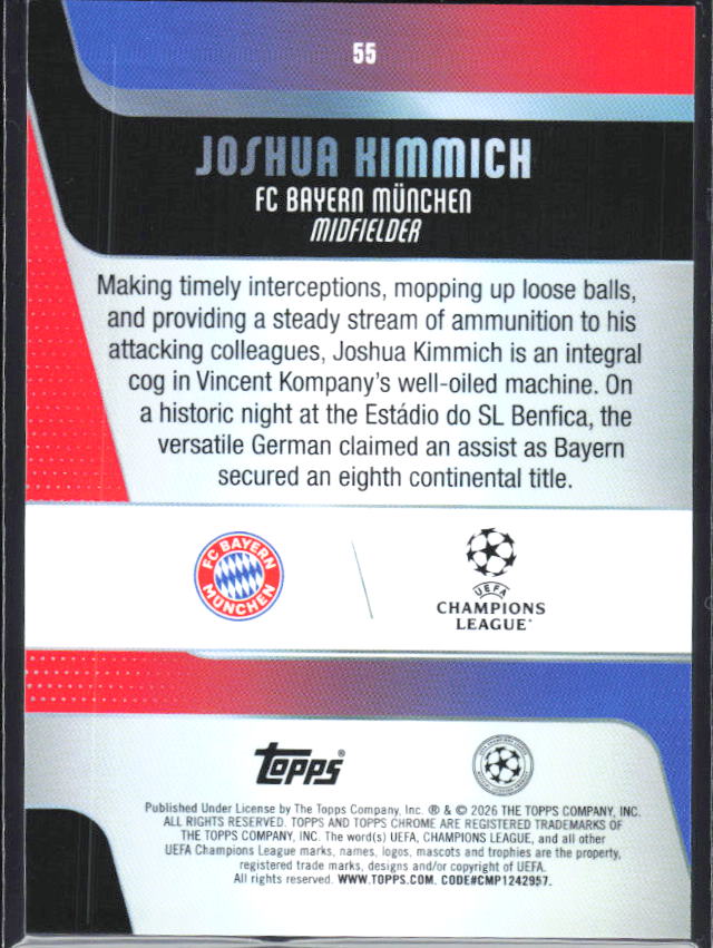 2025-26 Topps Chrome UEFA Club Competitions #55 Joshua Kimmich – baksida