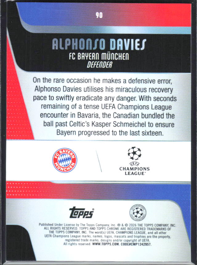 2025-26 Topps Chrome UEFA Club Competitions #90 Alphonso Davies – baksida