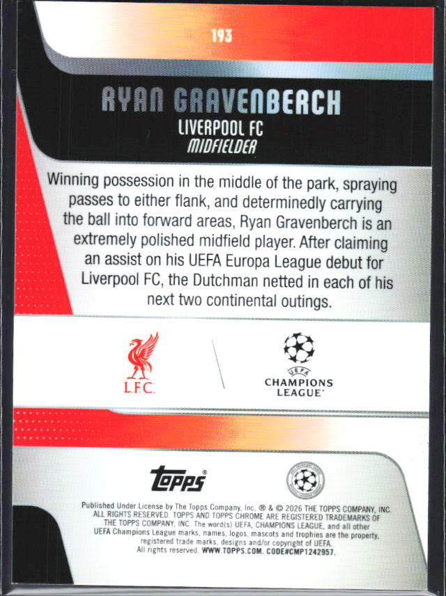 2025-26 Topps Chrome UEFA Club Competitions #193 Ryan Gravenberch – baksida