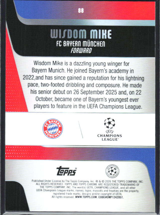 2025-26 Topps Chrome UEFA Club Competitions #88 Wisdom Mike – baksida