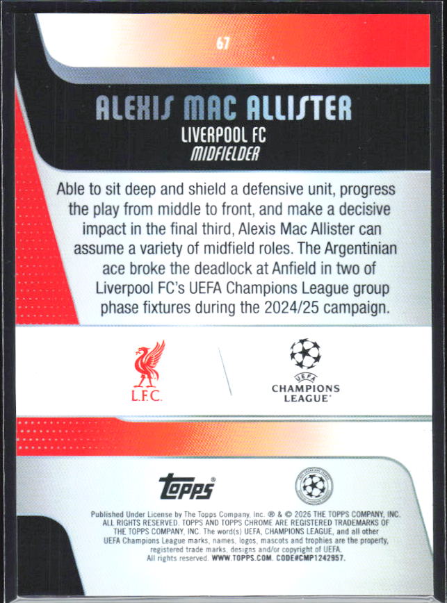 2025-26 Topps Chrome UEFA Club Competitions #67 Alexis Mac Allister – baksida