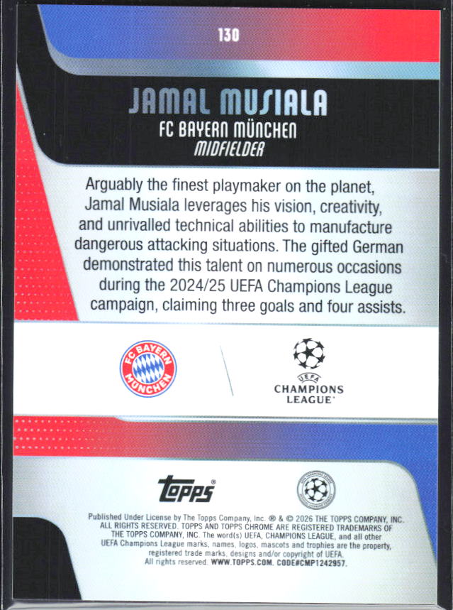 2025-26 Topps Chrome UEFA Club Competitions #130 Jamal Musiala – baksida