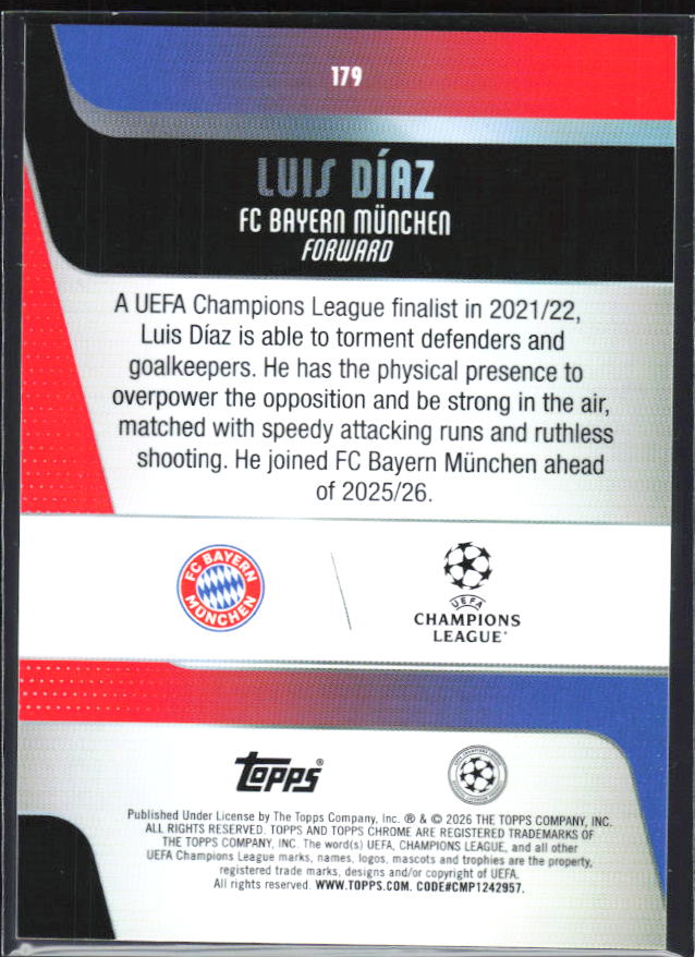 2025-26 Topps Chrome UEFA Club Competitions #179 Luis Díaz – baksida